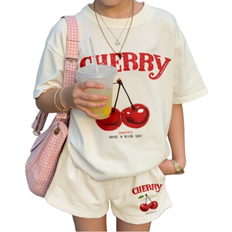 Shein Tween Girls Retro Cherry Print Cream Casual Crew Neck Short Sleeve T-Shirt And Shorts Set - White