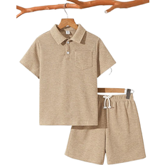 Shein Tween Boy Loose Fit Solid Turndown Collar Short Sleeve Polo Shirt and Shorts Set - Khaki