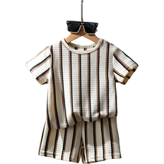 Shein Young Boy Summer Waffle Striped Short Sleeve T-shirt and Shorts Set - Multicolor