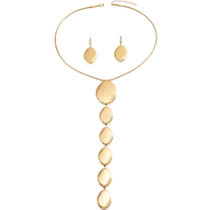 Shein 2pcs Gold Metallic Geometric Asymmetrical Ellipse Pendant Necklace & Earrings Set, Exaggerated Extra Long Chain Necklace, Personalized Fashion Jewelry Set, Snake Bone Chain Y-Necklace, For Party, Formal Dress Accessories