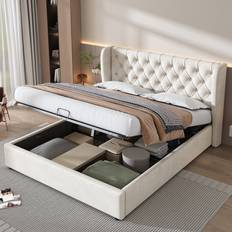 Removable Fabric Beds Abrihome Upholstered Hydraulic Lever 135 x 190 cm Frame Bed