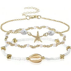 Shein 3pcs/Set Summer Beach Style Metal Starfish & Shell Beaded Glass Anklet Set For Women