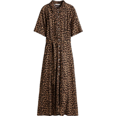 H&M Tie-Belt Shirt Dress - Dark Beige/Leopard Print