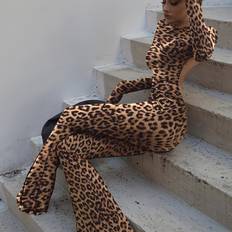 Dam - Leopard Jumpsuits & Overaller Temu Sexy Leopard Print Backless Jumpsuit - Long Sleeve