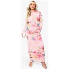 boohoo Womens Maternity Floral Mesh Lettuce Hem Dress Pink