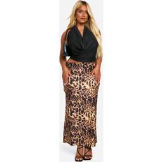 Brown - Midi Skirts boohoo Plus Leopard Woven Stretch Bow Trim Midaxi Skirt - Brown