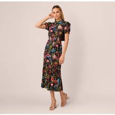 Floral Puff Sleeve Midi Dress - Black Multi