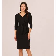 Three Quarter Sleeve Pleated Midi Dress With Tie Waist - Black