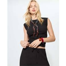 Flare T-shirts Stradivarius Textured Cap Sleeve T-shirt with Gathering - Black
