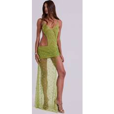 Asymmetric Hand Beaded Maxi Dress - Lime