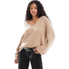 Fluffy V Neck Slouchy Jumper - Taupe Neutral