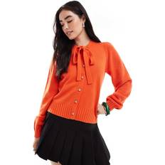Tie Neck Button Up Cardigan - Flame Orange