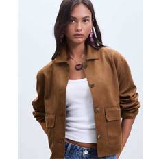Faux Suede Jacket With Pockets - Brown
