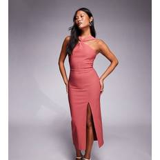 Vesper Bengaline Twist Front Halter Neck Side Split Dress - Rose Pink