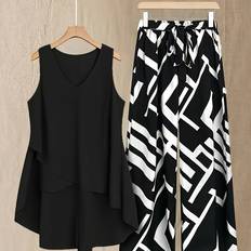 Wide Blouses Temu Geometric Print Wide-Leg Pants V-Neck Blouse Top Set - Non-stretch