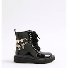Mini Girls Black Charm Chain Lace Up Boots
