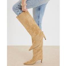 High Boots River Island Faux Suede Studded High Leg Boots - Beige