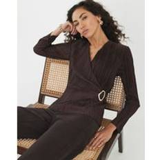 Long Sleeves Blouses River Island Womens Brown Long Sleeve Plisse Wrap Top