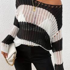Lace - Women Jumpers Temu Elegant Semi-sheer Lace Pullover Sweater - Black/White