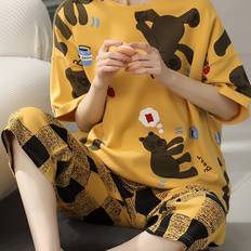 Dam - Orange Sovplagg Temu Pajama Set Round Neck Short Sleeve Cartoon Bear Three Quarter Pants - Casual Loose Fit