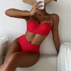 Red - Sportswear Garment Bikinis Vehhe Solid Bikini Set High Waisted Two Pieces Swimsuit - Red