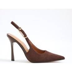 Faux Suede Slingback Court Heels - Brown