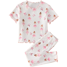 Shein Young Girls Cute Cartoon Pattern Ruffle Trim Crew Neck Short Sleeve Pants 2-pack
