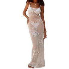 White Swimsuit Cover-Ups & Sarong Wraps Shein Women Crochet Coverups Flower Pattern Hollowed Scoop - Long Dress