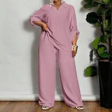 White - Women Suits Shein Plus Size 2 Pieces V-Neck Short Sleeve Blouse Straight Leg Pants - Spring