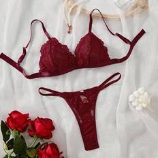 Shein Women Sexy Lingerie Set With Spaghetti Strap Backless Lace Blouse G-String Panties