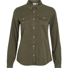 Dame - Tencel Skjorter Vila Vibista Lomme Denimskjorte Bluse - Mørkegrøn