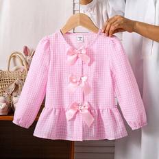 Blouses & Tunics Children's Clothing on sale Shein Retro Chic Pink Plaid Front Velvet Tie Puff Sleeve - Loose