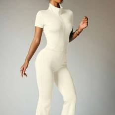 Women - Yoga Suits Shein Yoga Workout Set Short Sleeve Zip-Up Jacket - Moisture-Wicking
