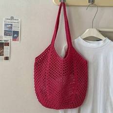 Cotton - Women Beach Bags Shein Casual Large Capacity Woven Bag Open-Top Beach Tote - Light Brown/White/Yellow