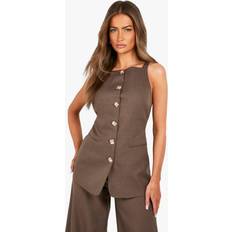 Vests boohoo Textured Mock Horn Button Front Longline Waistcoat - Brown