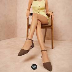 Microfiber Ballerinas Shein Wide Fit Women Sculpted Scallop Almond-Toe Adjustable Coffee Ballet - Plus Size