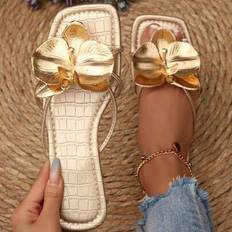 Gold Slides Shein French Style Flat Gold Flower Strap Slides - Summer