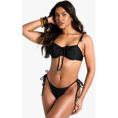 Black Bikini Sets boohoo Resin Stone Trim Underwired Bikini Top Tie Set - Black