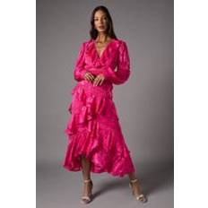 Coast Long Sleeve Jacquard Midaxi Dress With Frills - Pink