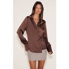 Wide Shirts PrettyLittleThing Satin Tie Waist Detail Slouchy Shirt - Chocolate