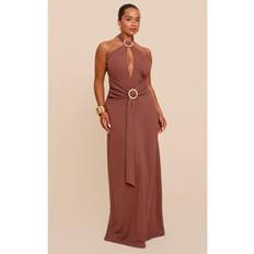 PrettyLittleThing Hammered Satin Ring Detail Halter Maxi Dress - Chocolate