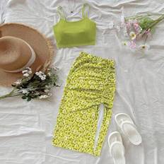 Florals - Women Suits Shein Floral Print Camisole Mini Skirt Set - Lime Green