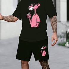 Leopard - Men Underwear Temu Pajama Set With Short Sleeve And Shorts - Pink Leopard Print