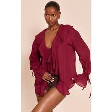 PrettyLittleThing Ruffle Tie Front Blouse - Red