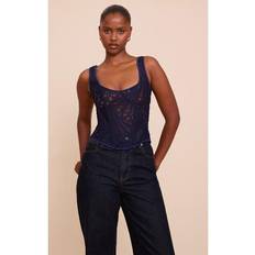 PrettyLittleThing Textured Sheer Floral Square Neck Corset - Navy
