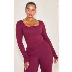 Red Bodysuits PrettyLittleThing Built In Bra Sculpt Square Neck Long Sleeve Bodysuit - Red