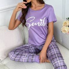 Purple - Women Sleepwear Shein Printed Plaid Casual Pajama Set