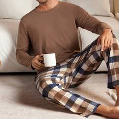 Brown - Men Sleepwear Shein Solid Color Round Neck Long Sleeve Shirt Plaid Print Pajama Pants 2 Pieces Set
