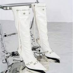 Shein Edgy White Leather Knee High Boots Pointed Toe Metal