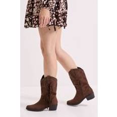 High Boots Faith Faux Suede Studded Tassel Detail Western Cowboy Calf Boots - Brown